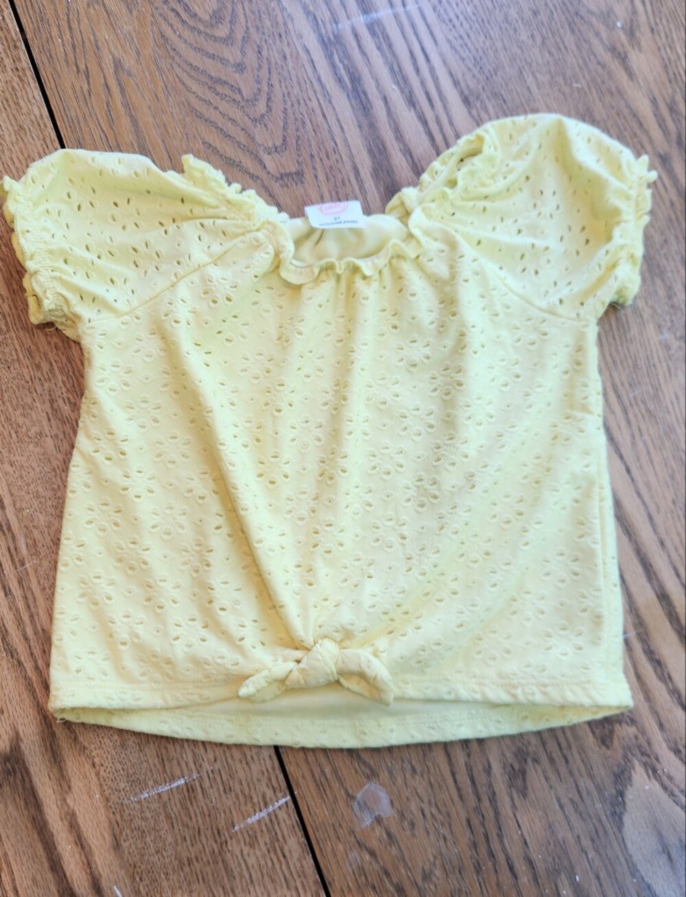 wonder nation Pale Yellow Eyelet Tie-Front Puff Sleeve Top